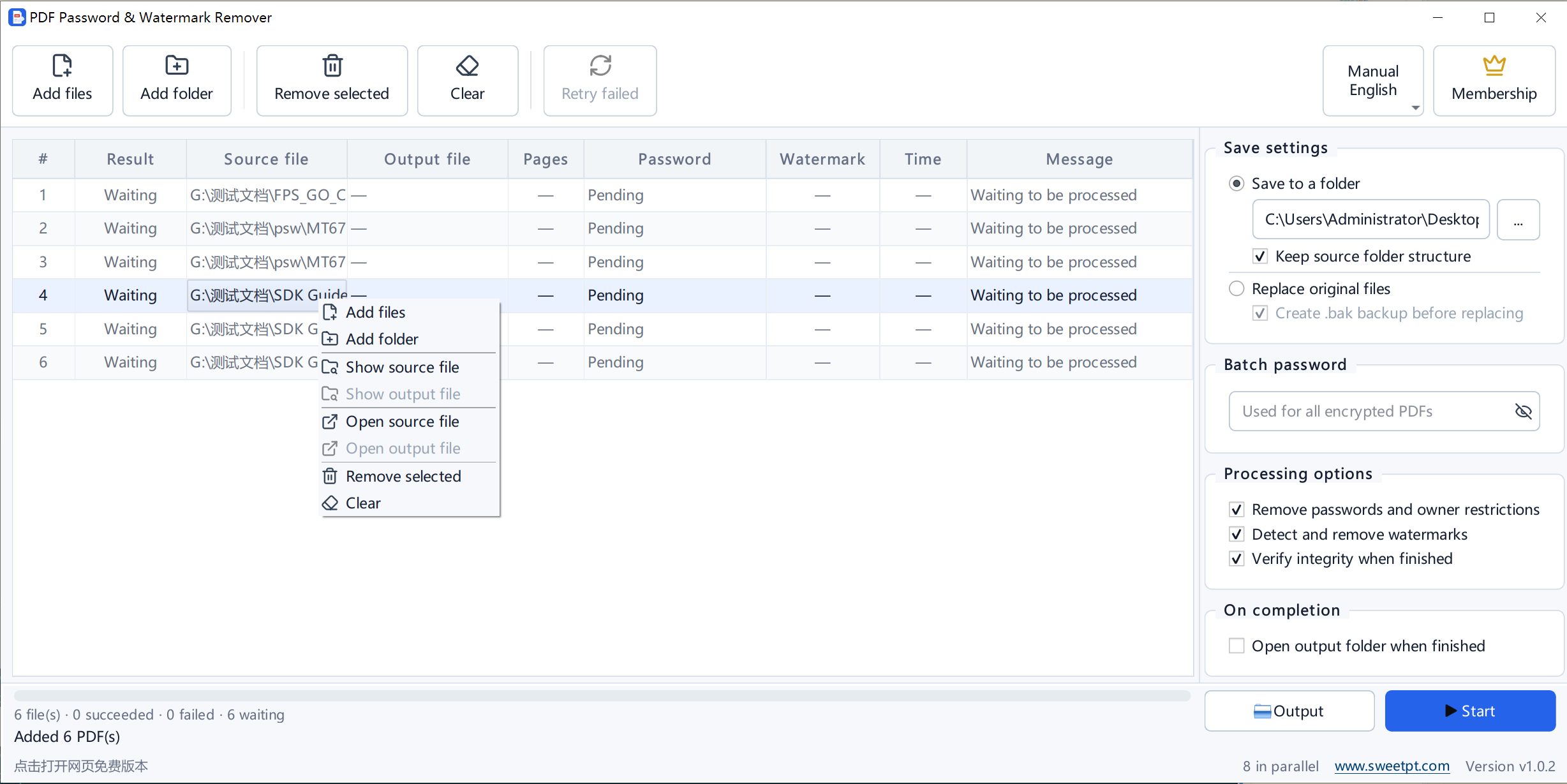 Desktop app showing the file list and processing options